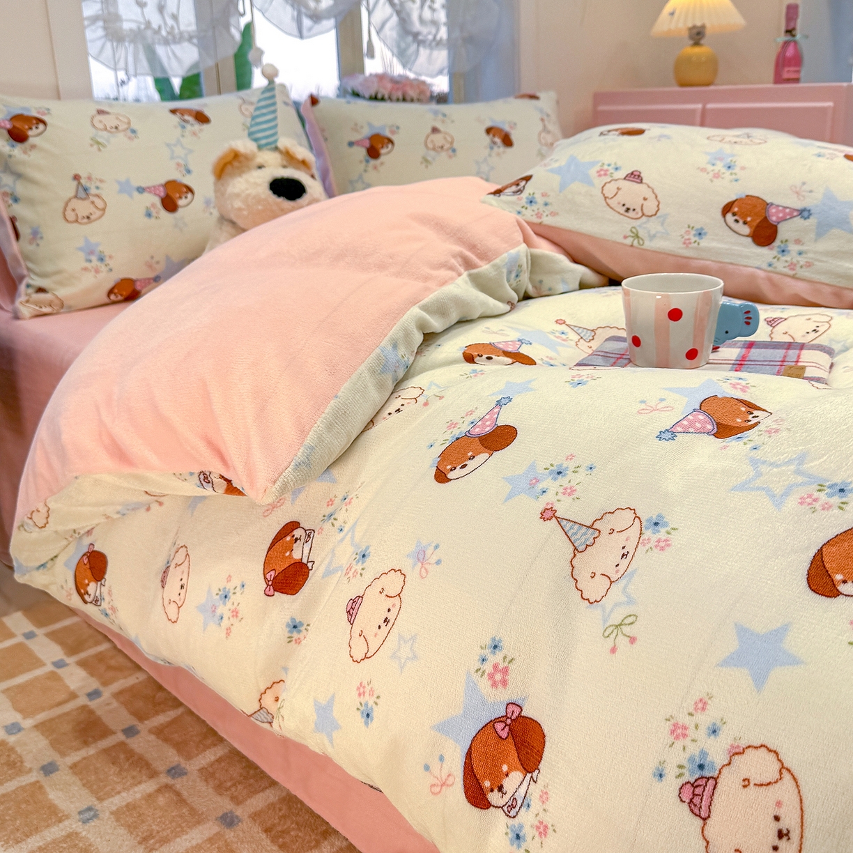 91家纺网 家纺一手货源 找家纺 枋梢家纺 2025新款加厚牛奶绒保暖四件套 星星小狗