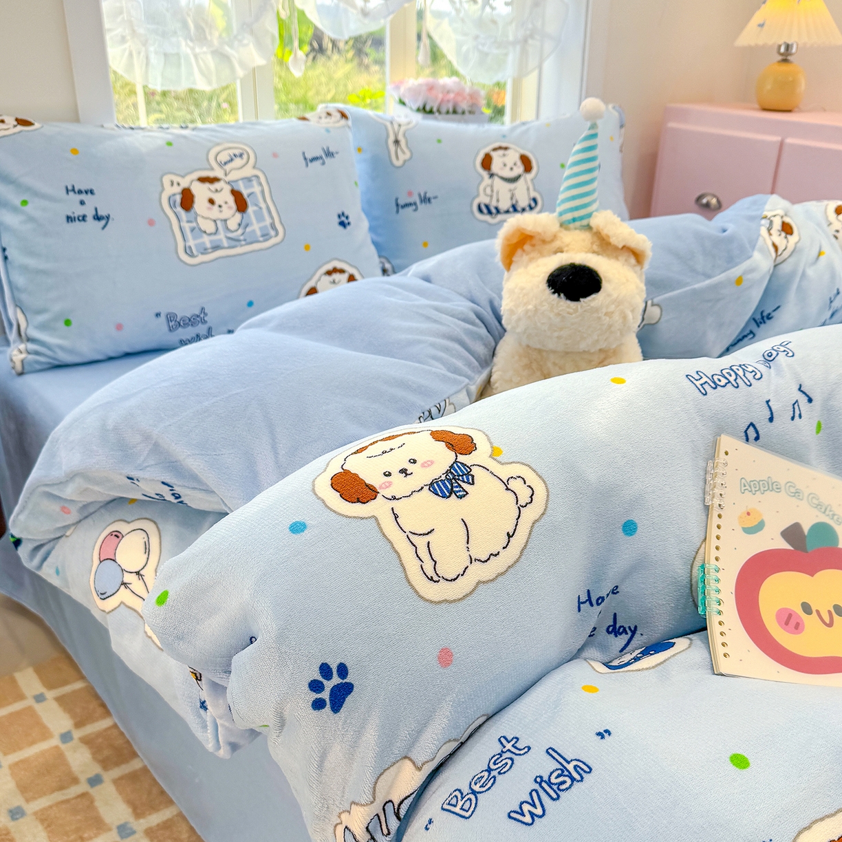 91家纺网 家纺一手货源 找家纺 枋梢家纺 2025新款加厚牛奶绒保暖四件套 幸运小狗