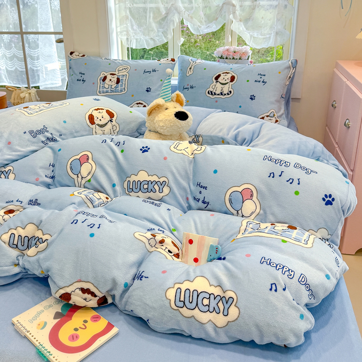 91家纺网 家纺一手货源 找家纺 枋梢家纺 2025新款加厚牛奶绒保暖四件套 幸运小狗