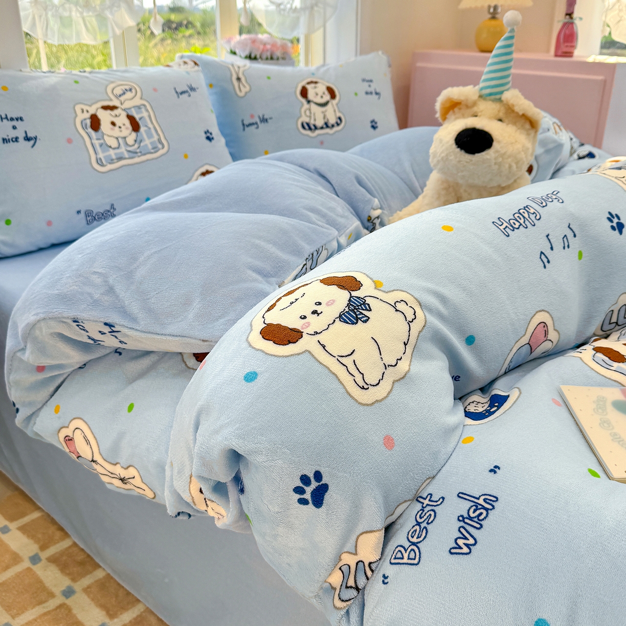 91家纺网 家纺一手货源 找家纺 枋梢家纺 2025新款加厚牛奶绒保暖四件套 幸运小狗