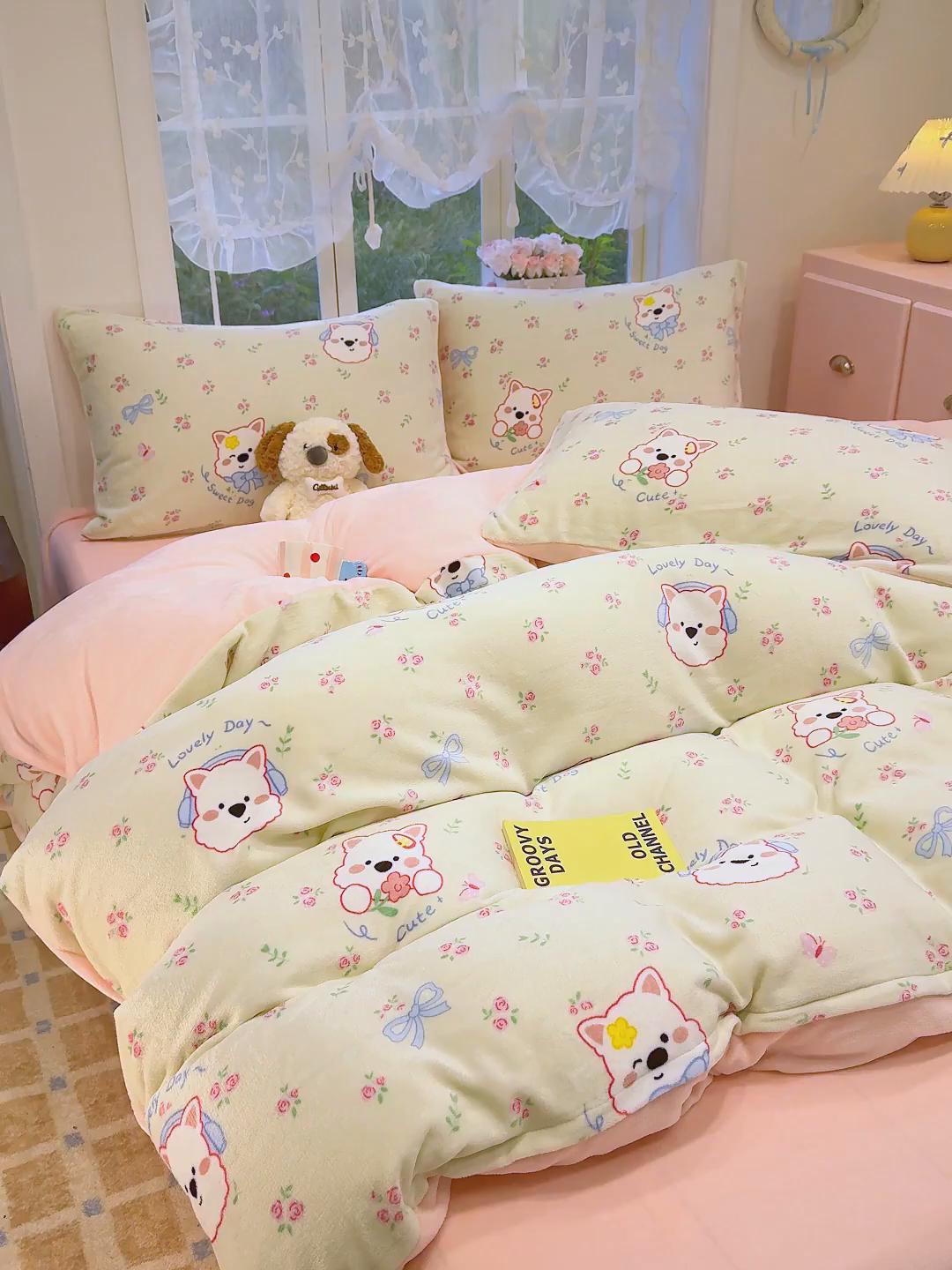 91家纺网 家纺一手货源 找家纺 枋梢家纺 2025新款加厚牛奶绒保暖四件套 花朵小狗