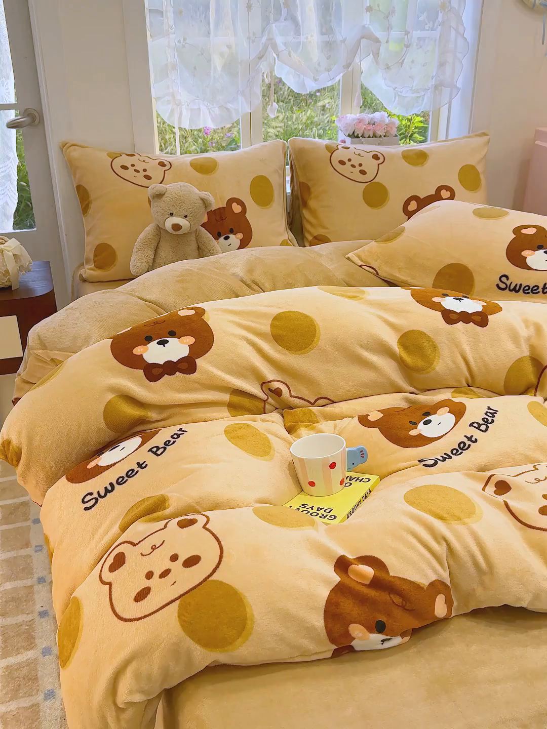 91家纺网 家纺一手货源 找家纺 枋梢家纺 2025新款加厚牛奶绒保暖四件套 甜心小熊
