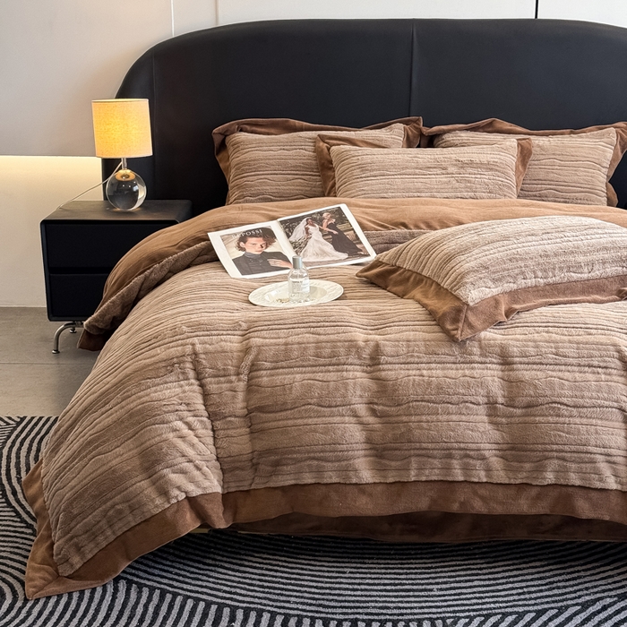 九花鹿 2025新款380克宽边丹麦皮草绒四件套-波纹系列 波纹-可可棕