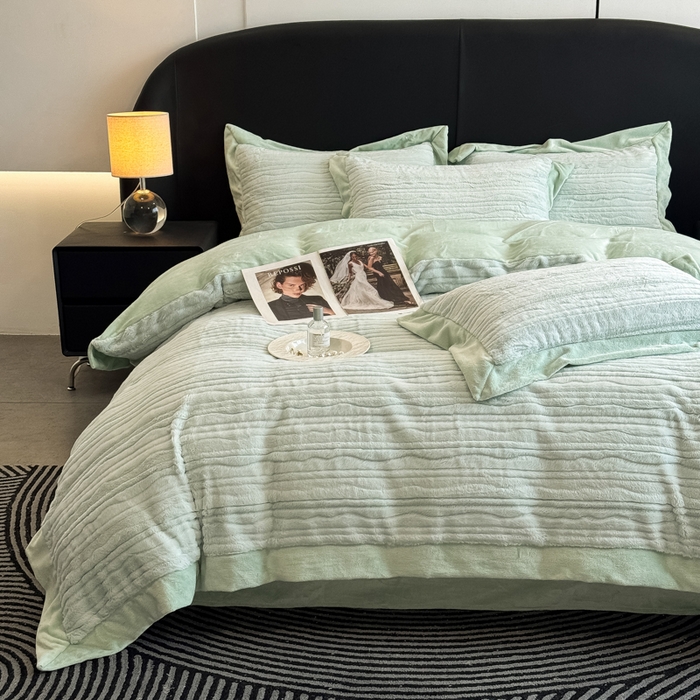 九花鹿 2025新款380克宽边丹麦皮草绒四件套-波纹系列 波纹-清新绿