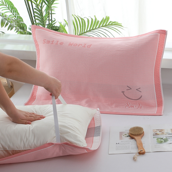 91家纺网 家纺一手货源 找家纺 娇兰毛巾 2025新款7A抗菌全棉A类加厚纱布枕巾双绑带枕巾 乐-粉