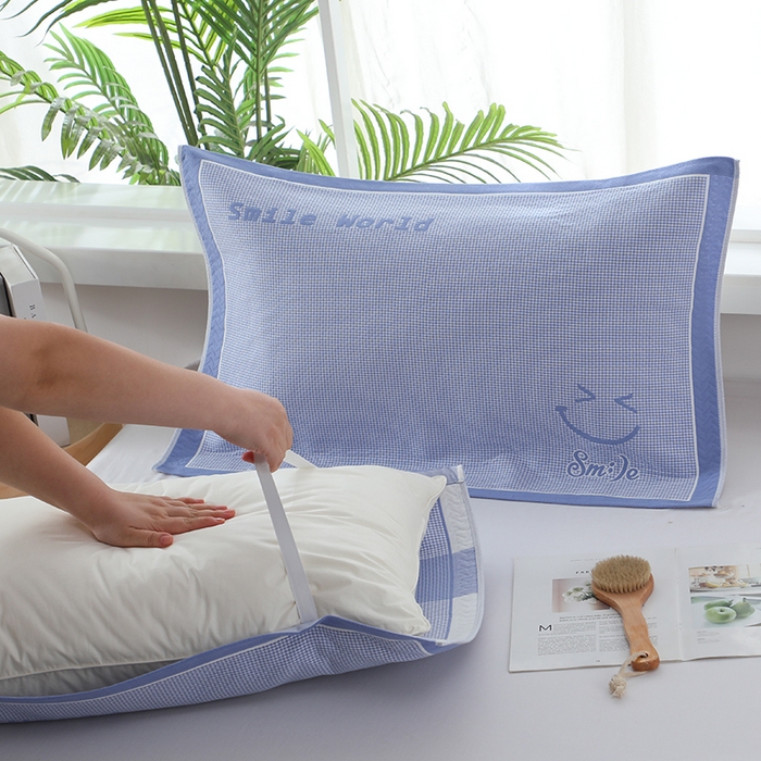 91家纺网 家纺一手货源 找家纺 娇兰毛巾 2025新款7A抗菌全棉A类加厚纱布枕巾双绑带枕巾 乐-蓝