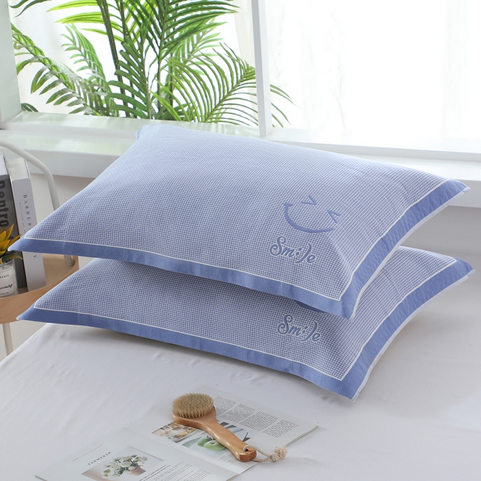 91家纺网 家纺一手货源 找家纺 娇兰毛巾 2025新款7A抗菌全棉A类加厚纱布枕巾双绑带枕巾 乐-蓝