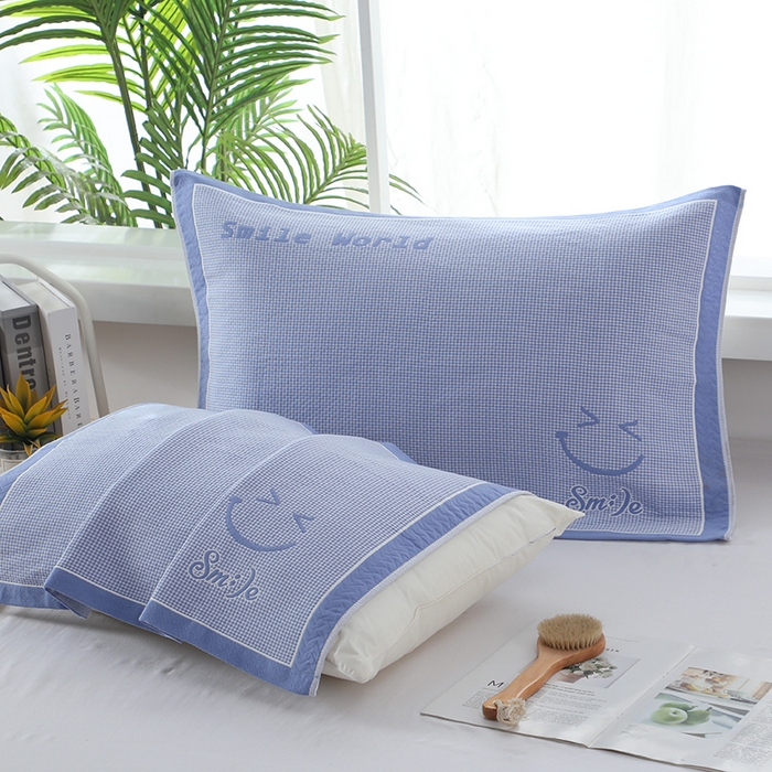 91家纺网 家纺一手货源 找家纺 娇兰毛巾 2025新款7A抗菌全棉A类加厚纱布枕巾双绑带枕巾 乐-蓝