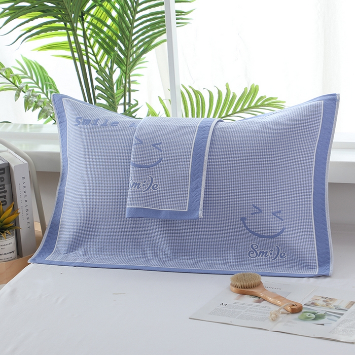 91家纺网 家纺一手货源 找家纺 娇兰毛巾 2025新款7A抗菌全棉A类加厚纱布枕巾双绑带枕巾 乐-蓝