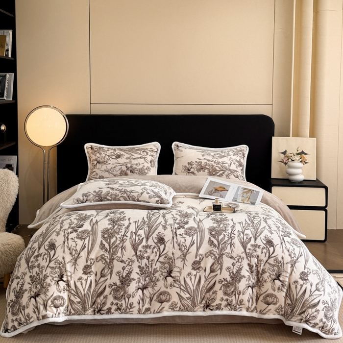 91家纺网 家纺一手货源 找家纺 诺梵2025新款牛8斤奶绒印花包边四件套铃兰花香-灰