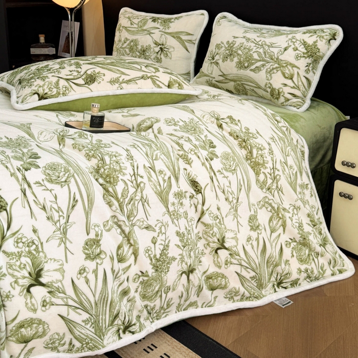 91家纺网 家纺一手货源 找家纺 诺梵2025新款牛8斤奶绒印花包边四件套铃兰花香-绿