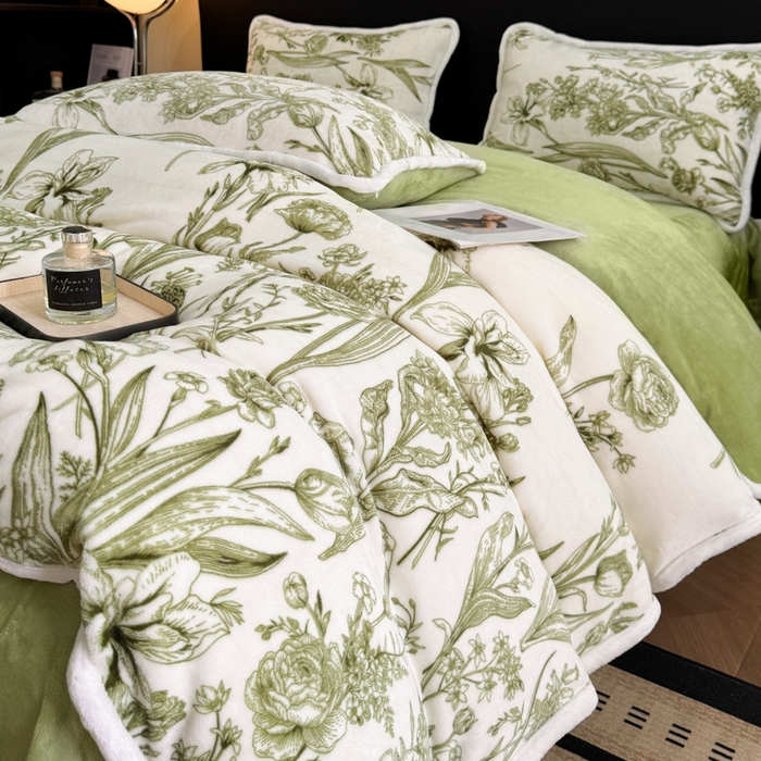 91家纺网 家纺一手货源 找家纺 诺梵2025新款牛8斤奶绒印花包边四件套铃兰花香-绿