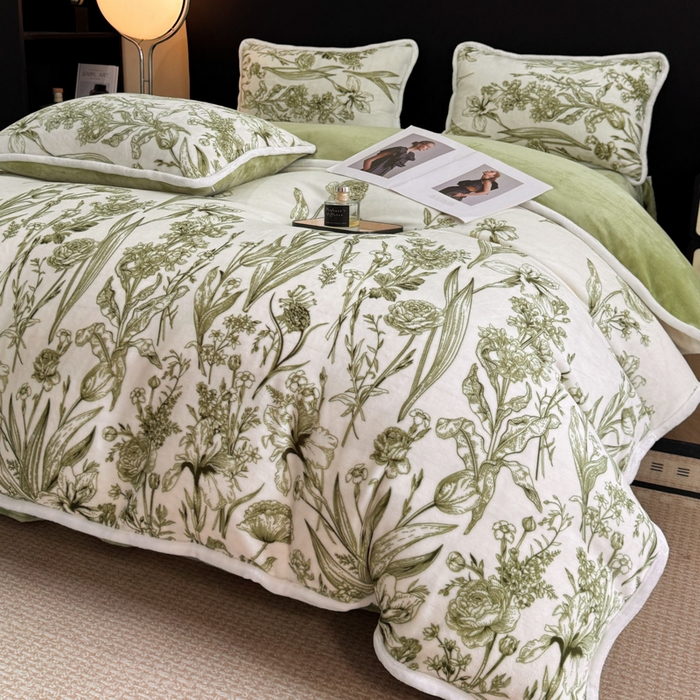 91家纺网 家纺一手货源 找家纺 诺梵2025新款牛8斤奶绒印花包边四件套铃兰花香-绿