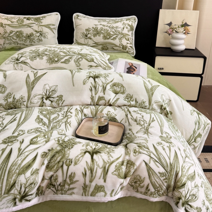 91家纺网 家纺一手货源 找家纺 诺梵2025新款牛8斤奶绒印花包边四件套铃兰花香-绿