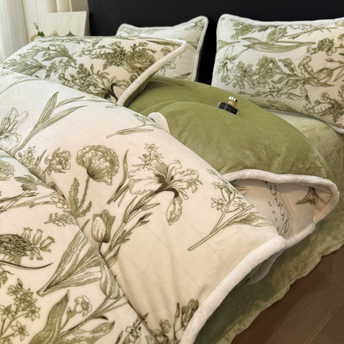 91家纺网 家纺一手货源 找家纺 诺梵2025新款牛8斤奶绒印花包边四件套铃兰花香-绿