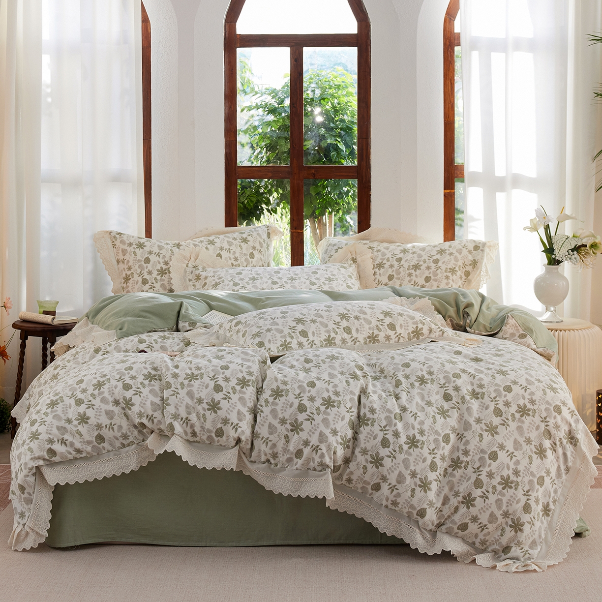 91家纺网 家纺一手货源 找家纺 （总）清雅福 2026春夏新品韩版全棉双层纱镂空花边系列四件套