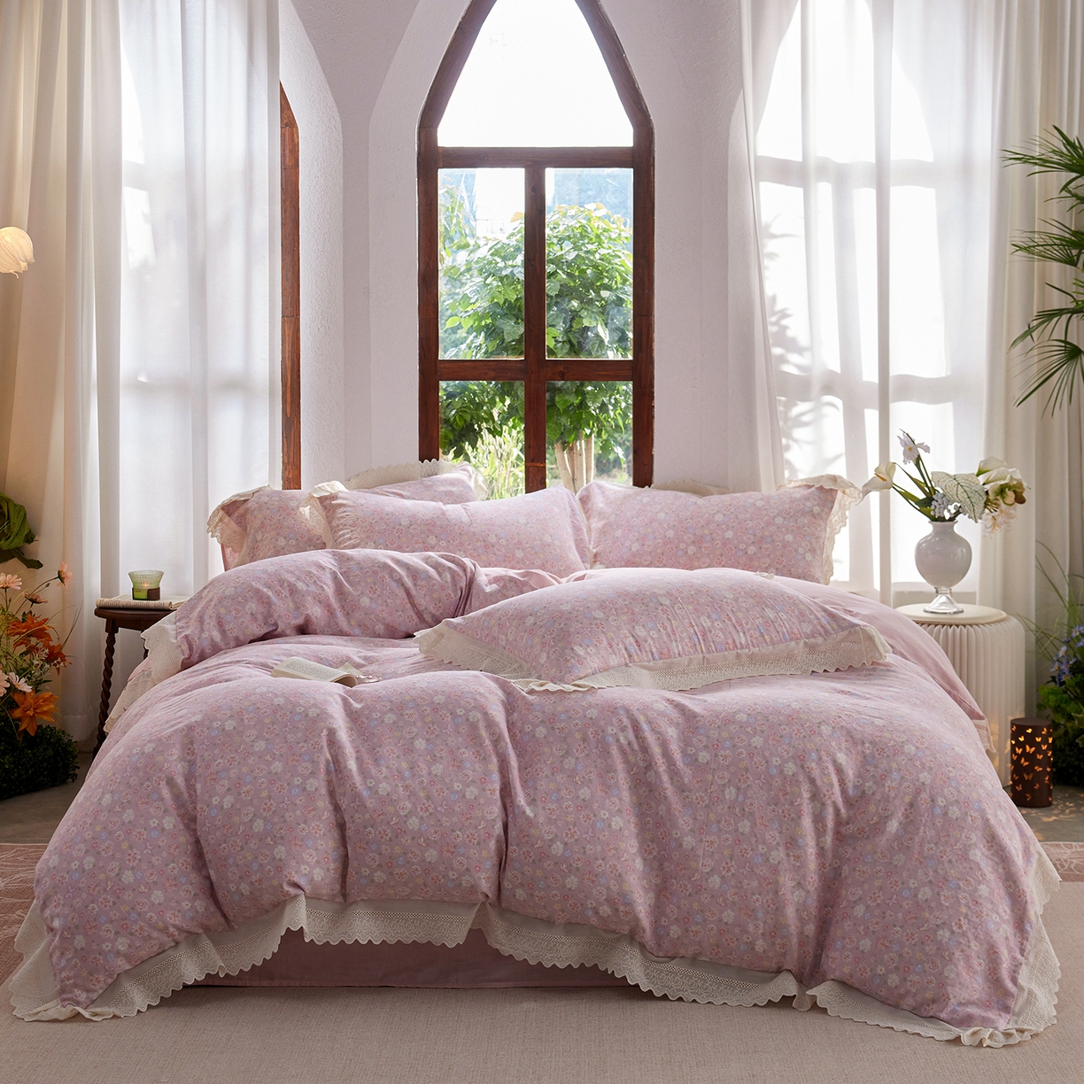 91家纺网 家纺一手货源 找家纺 （总）清雅福 2026春夏新品韩版全棉双层纱镂空花边系列四件套