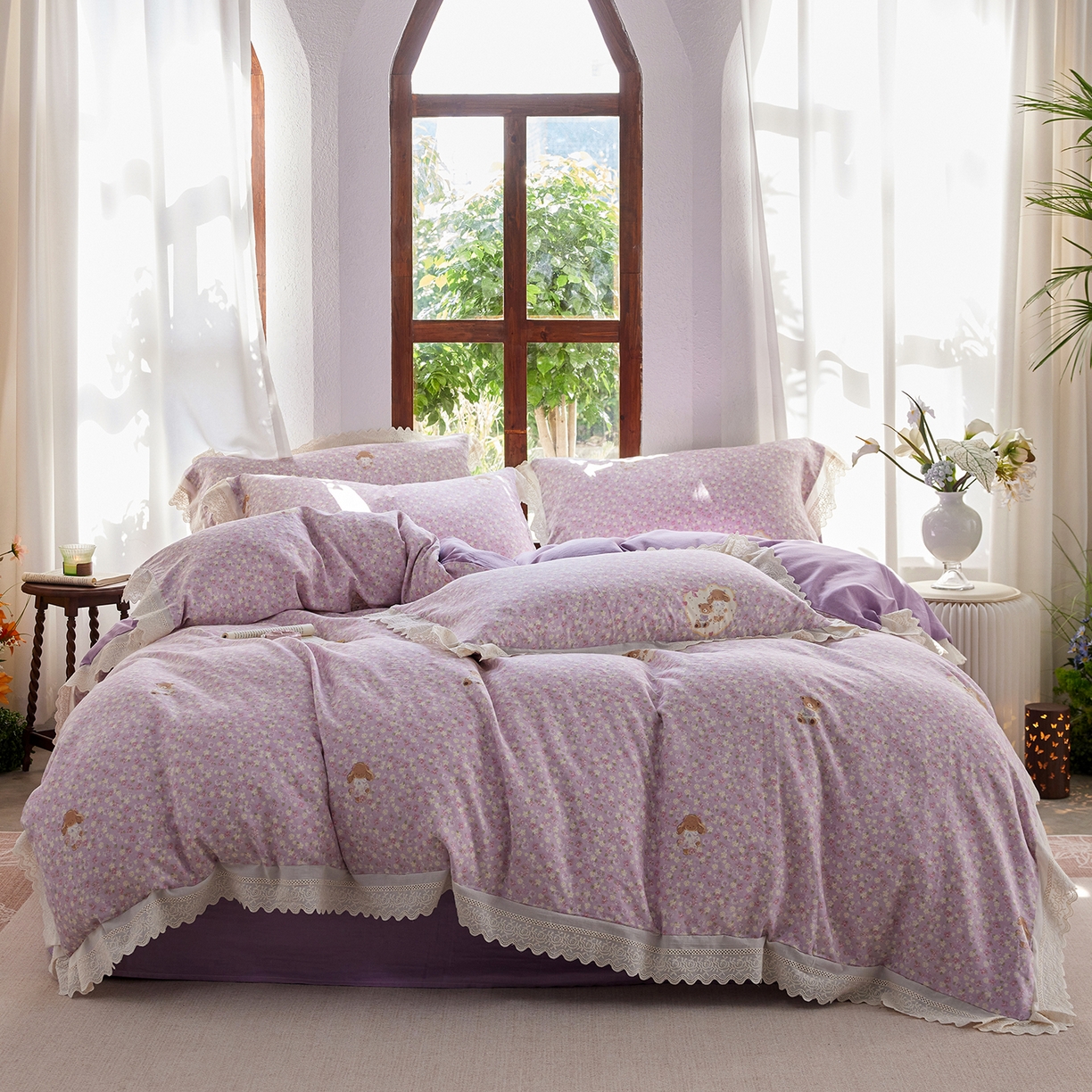 91家纺网 家纺一手货源 找家纺 （总）清雅福 2026春夏新品韩版全棉双层纱镂空花边系列四件套