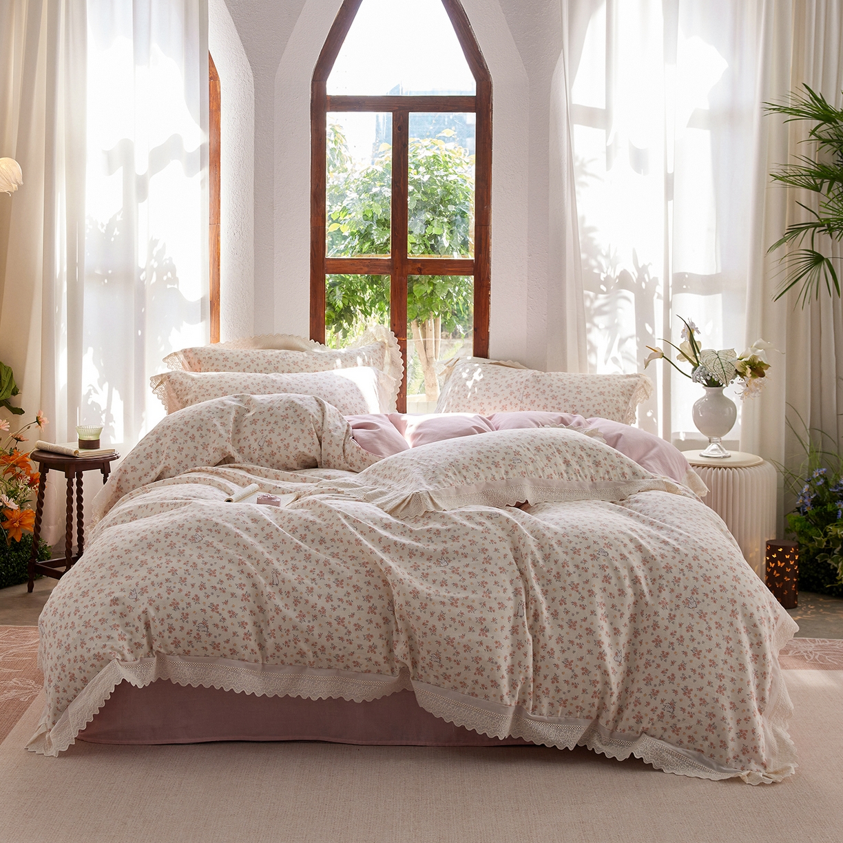 91家纺网 家纺一手货源 找家纺 （总）清雅福 2026春夏新品韩版全棉双层纱镂空花边系列四件套