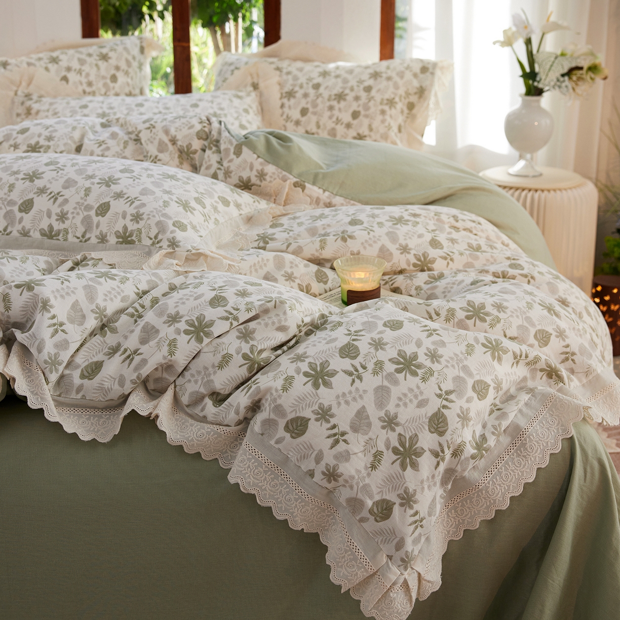 91家纺网 家纺一手货源 找家纺 清雅福 2026春夏新品韩版全棉双层纱镂空花边系列四件套 芊叶