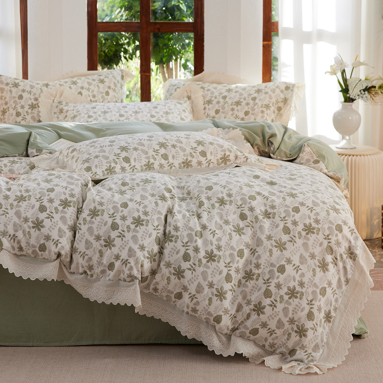 91家纺网 家纺一手货源 找家纺 清雅福 2026春夏新品韩版全棉双层纱镂空花边系列四件套 芊叶