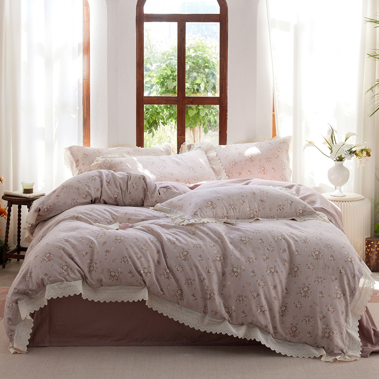 清雅福 2026春夏新品韩版全棉双层纱镂空花边系列四件套 落日余晖