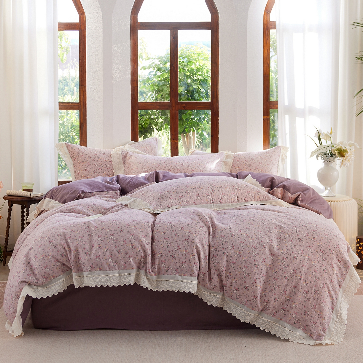 清雅福 2026春夏新品韩版全棉双层纱镂空花边系列四件套 蔷薇花园