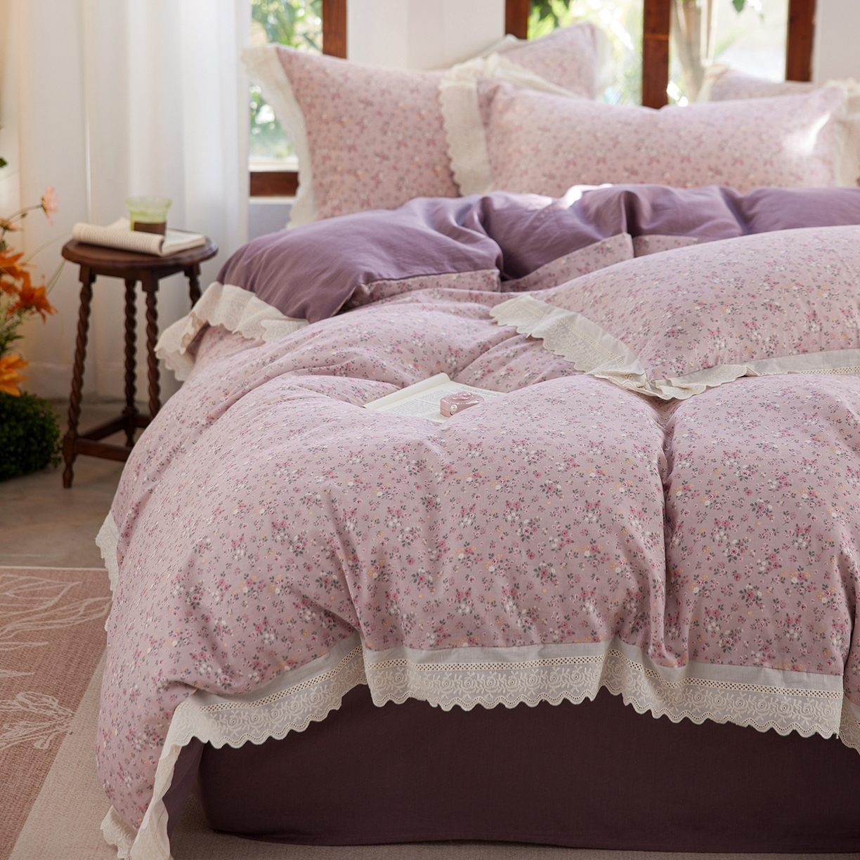 91家纺网 家纺一手货源 找家纺 清雅福 2026春夏新品韩版全棉双层纱镂空花边系列四件套 蔷薇花园