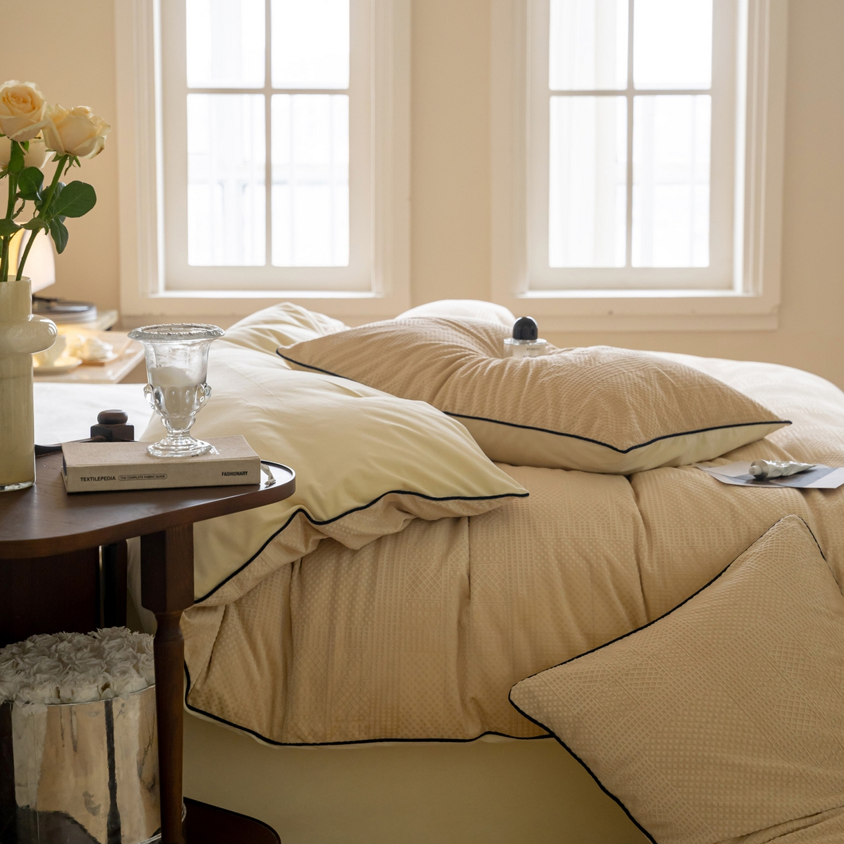 91家纺网 家纺一手货源 找家纺 例外 2025新款210克高克重天鹅绒华夫绒四件套 华夫绒-奶茶