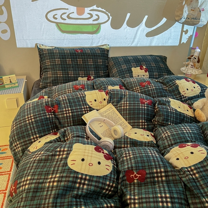 91家纺网 家纺一手货源 找家纺 暖伊家居 2025牛奶绒小布袋四件套 绿格KT