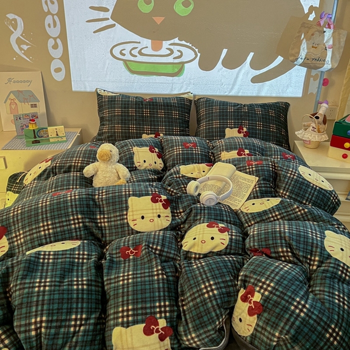 91家纺网 家纺一手货源 找家纺 暖伊家居 2025牛奶绒小布袋四件套 绿格KT