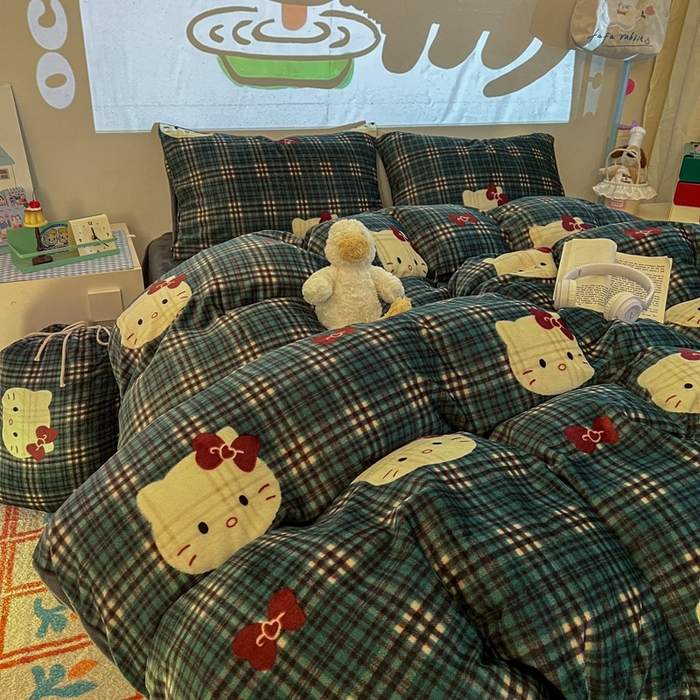 91家纺网 家纺一手货源 找家纺 暖伊家居 2025牛奶绒小布袋四件套 绿格KT