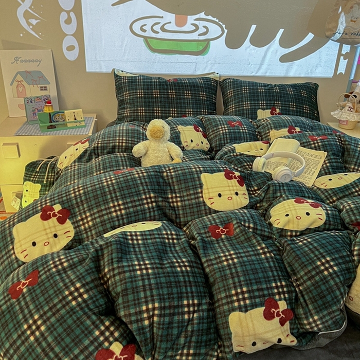 91家纺网 家纺一手货源 找家纺 暖伊家居 2025牛奶绒小布袋四件套 绿格KT