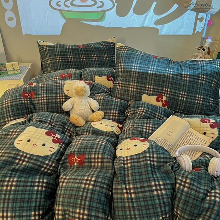 91家纺网 家纺一手货源 找家纺 暖伊家居 2025牛奶绒小布袋四件套 绿格KT