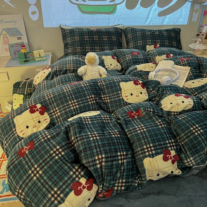 91家纺网 家纺一手货源 找家纺 暖伊家居 2025牛奶绒小布袋四件套 绿格KT