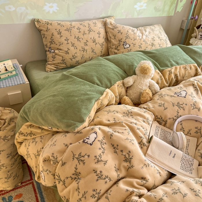 91家纺网 家纺一手货源 找家纺 暖伊家居 2025牛奶绒小布袋四件套 枝枝兔