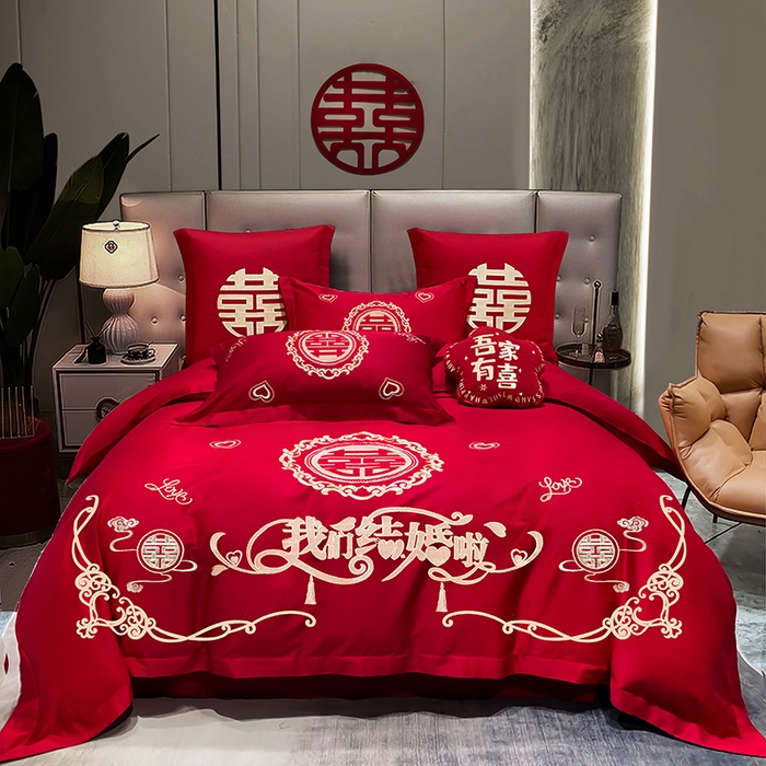 91家纺网 家纺一手货源 找家纺 （总）梵克保罗 2025秋冬新款全棉绣花婚庆四件套六件套靠垫