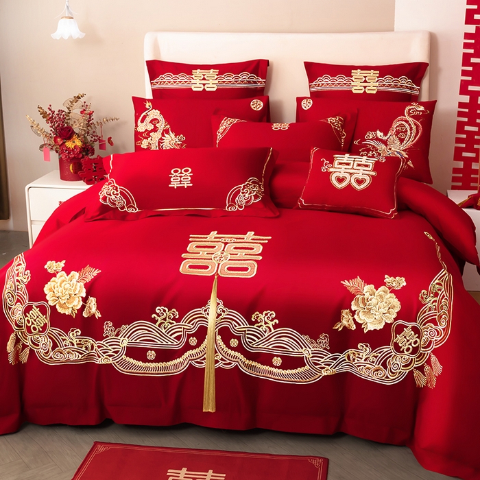 91家纺网 家纺一手货源 找家纺 （总）梵克保罗 2025秋冬新款全棉绣花婚庆四件套六件套靠垫