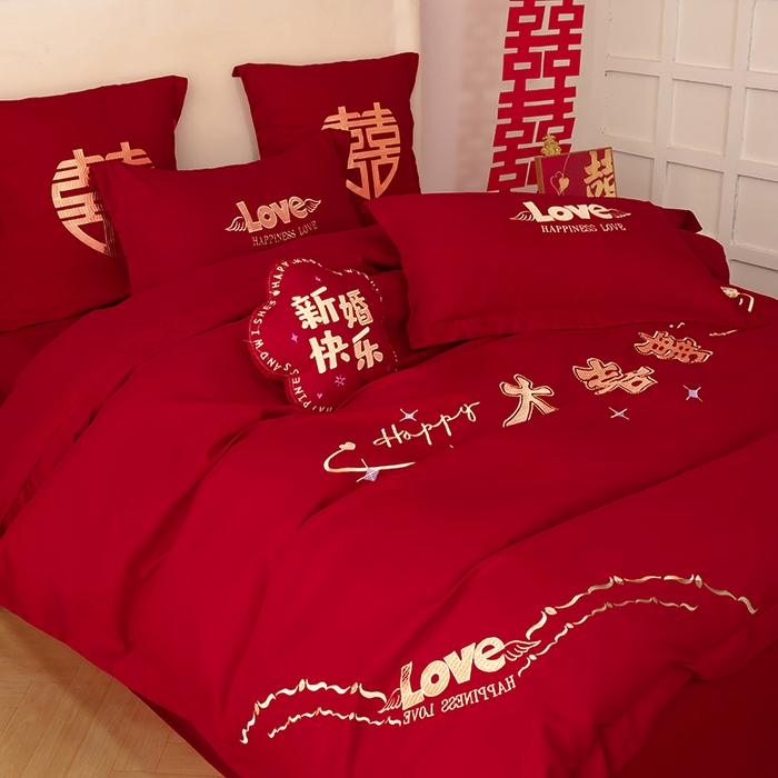 91家纺网 家纺一手货源 找家纺 梵克保罗 2025秋冬新款全棉绣花婚庆四件套六件套靠垫 棉角花百年好合