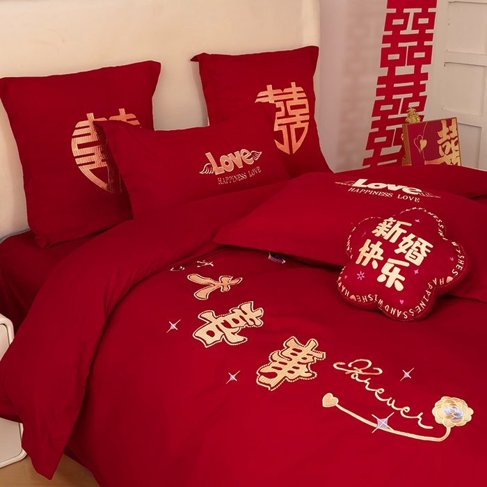 91家纺网 家纺一手货源 找家纺 梵克保罗 2025秋冬新款全棉绣花婚庆四件套六件套靠垫 棉角花百年好合