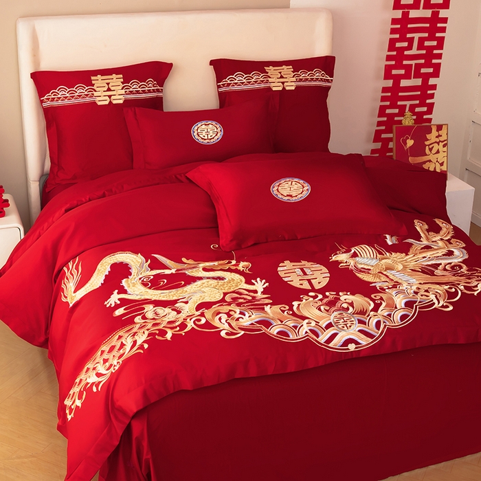 91家纺网 家纺一手货源 找家纺 梵克保罗 2025秋冬新款全棉绣花婚庆四件套六件套靠垫 棉龙凤呈祥