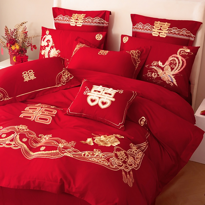 91家纺网 家纺一手货源 找家纺 梵克保罗 2025秋冬新款全棉绣花婚庆四件套六件套靠垫 棉吉祥如意