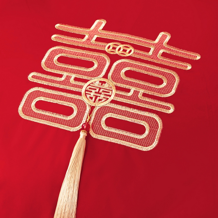 91家纺网 家纺一手货源 找家纺 梵克保罗 2025秋冬新款全棉绣花婚庆四件套六件套靠垫 棉吉祥如意