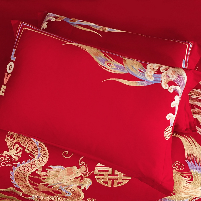 91家纺网 家纺一手货源 找家纺 梵克保罗 2025秋冬新款全棉绣花婚庆四件套六件套靠垫 棉龙凤千禧