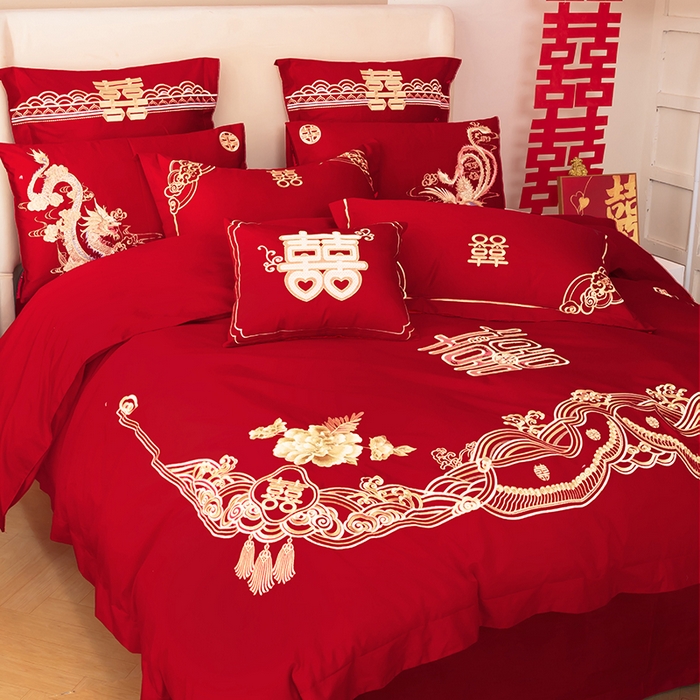 91家纺网 家纺一手货源 找家纺 梵克保罗 2025秋冬新款全棉绣花婚庆四件套六件套靠垫 棉吉祥如意