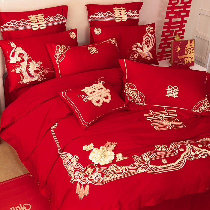 91家纺网 家纺一手货源 找家纺 梵克保罗 2025秋冬新款全棉绣花婚庆四件套六件套靠垫 棉吉祥如意