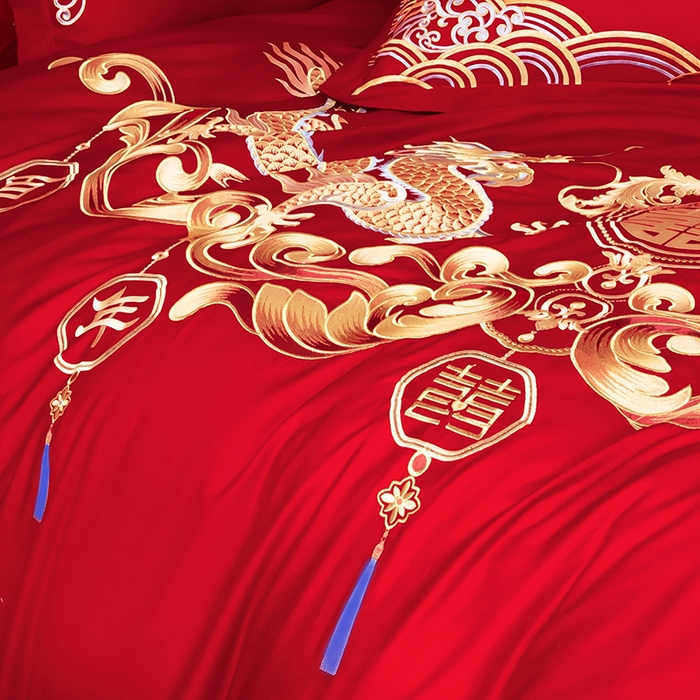 91家纺网 家纺一手货源 找家纺 梵克保罗 2025秋冬新款全棉绣花婚庆四件套六件套靠垫 棉龙凤百年好合