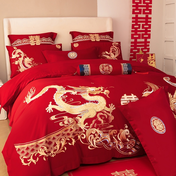 91家纺网 家纺一手货源 找家纺 梵克保罗 2025秋冬新款全棉绣花婚庆四件套六件套靠垫 棉龙凤呈祥