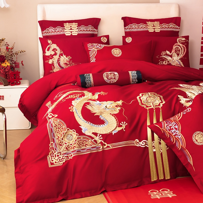 91家纺网 家纺一手货源 找家纺 梵克保罗 2025秋冬新款全棉绣花婚庆四件套六件套靠垫 棉比翼双飞