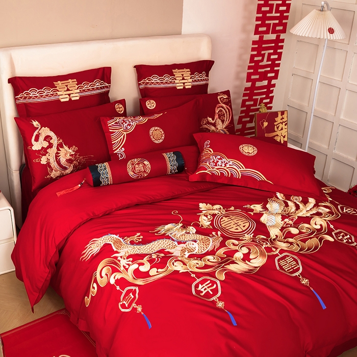 91家纺网 家纺一手货源 找家纺 梵克保罗 2025秋冬新款全棉绣花婚庆四件套六件套靠垫 棉龙凤百年好合